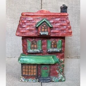 Vintage Handmade Ceramic Basket Weave Cottage House Cookie Treat Jar Rustic Twee